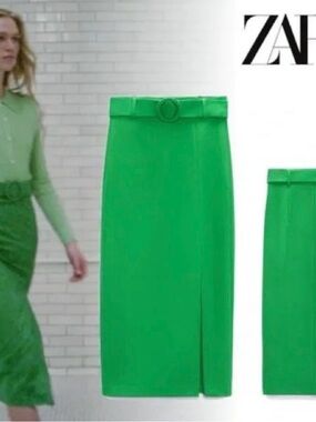 Zara Bright Green High-Waist Belted Pencil Skirt